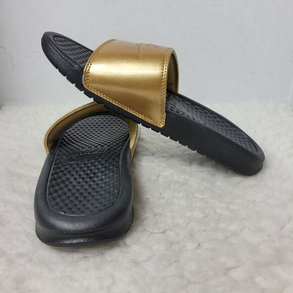 Nike Benassi Women's Slide Size 6 Sandals Black Gold Print Casual Shoes - Picture 6 of 9